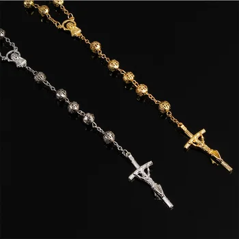 Katolikus kiváló minőségű utánzat arany üreges rózsafüzér nyaklánc. Jézus Krisztus Arany Kereszt Nyaklánc Santa Maria Hosszú Lánc 8 mm