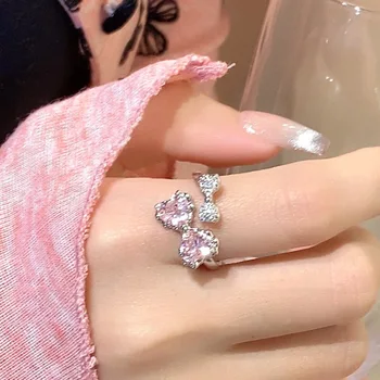 Divat Design Rózsaszín Cirkon Bowknot Nyitva Gyűrűk a Nők, Gyönyörű Csillogó Kristály Szív Állítható Gyűrű, Ékszerek Y2K Tartozékok