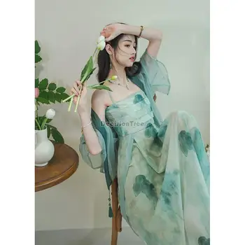 2023 nyári kék nemzeti stílus kardigán parittya ruha új kínai stílusú női hanfu olajfestmény hanfu régi stílusú ruha szett