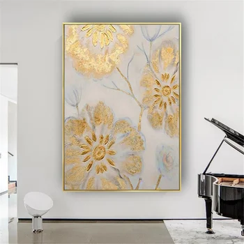 Arany Virágok Kézzel Készített Olajfestmény, Vászon Gyönyörű Virág Elvont Wall Art Arany Fólia Kép Decor Hálószoba, Nappali