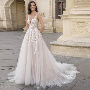 LaBoum Spagetti Hevederek Esküvői Ruhák Nőknek 2023 Appliqués Csipke vestido blanco Söprés Vonat Backless vestidos de novias