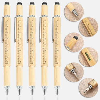 50PCS Multifunkcionális bambusz eszköz toll, 6 az 1-ben csavarhúzó, vízszintjelző, kapacitás toll, hatszögletű golyóstoll