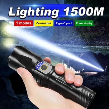 Nagy teljesítményű 1500m Hosszú Lövés LED Tölthető Zseblámpa XHP220 Gyöngyök Hordozható Fáklya 5 Világítási Módok Nagyítható Kemping Lámpa