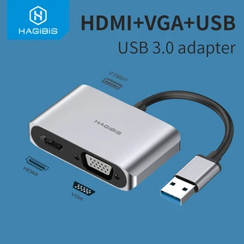 Hagibis USB 3.0-HDMI-kompatibilis VGA Adapter 1080P Multi-Display 2in1 USB-HDMI-kompatibilis Konverter Windows 7/8/10 OS