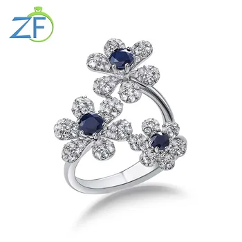 GZ ZONGFA Eredeti 925 Sterling Silve Három Virág Gyűrű a Nők Természetes Zafír, Fehér Topáz 2ct lakodalom Finom Ékszerek