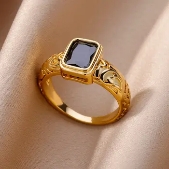 Luxus Négyzetméter Fekete Cirkon Gyűrűk Nők Vintage Arany Szín, Textúra, Rozsdamentes Acél Gyűrű, Esküvői Enagement Ékszerek anillos