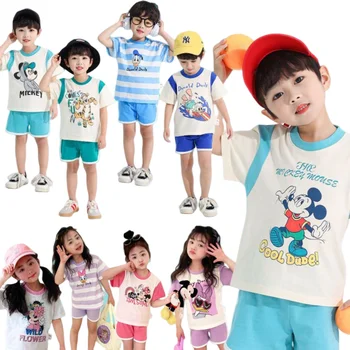 2023 Gyermekek Nyári Rövid Ujjú Rövidnadrág Szett koreai Verzió Fiúk Donald Kacsa Pamut póló Lányok Mickey Egér kétrészes Öltöny