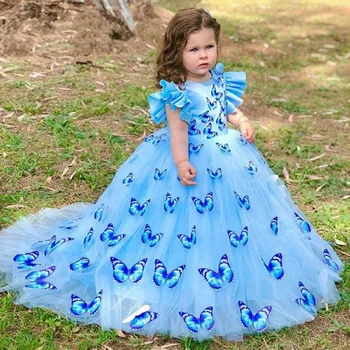 Kék Tulle Puffadt Virág Lány Ruhák Esküvői Pillangó Appliqués Hercegnő Labda Ruha, Elsőáldozó Ruha, A Gyerekek Fél 2023