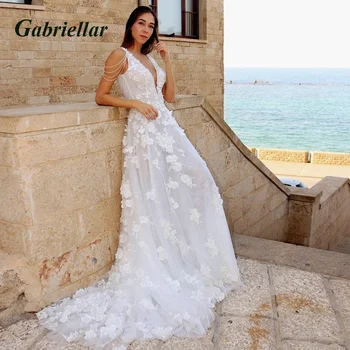 Gabriellar Esküvői Ruha Tüll Gyöngyfűzés Virágos Appliqués Csipke Mély, V-Nyakú, Ujjatlan Backless Egy-line 2023 Vestido De Casamento