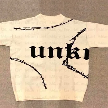 Y2K Levelet Grafikus Kötöttáru Harajuku Unisex Pulóver Vintage Grunge Téli Pulóver Férfi Streetwear Túlméretezett Hiphop Ruházat