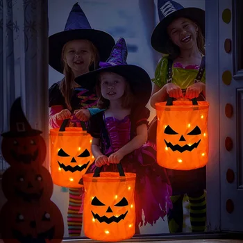 10db Halloween Izzó Candy Táska Tök Táskák Csokit Vagy Csalunk Táskák LED Újrafelhasználható Poliészter Candy Fél Vödör Ajándék Táska