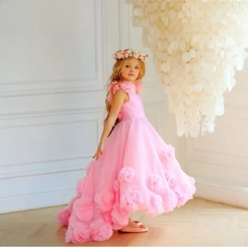 Szép Rózsaszín Tüll koszorúslány Ruhák Esküvők 3d Hercegnő Virágos Appliqués Ujjatlan Gyerekek Szülinapi Buli Közösség