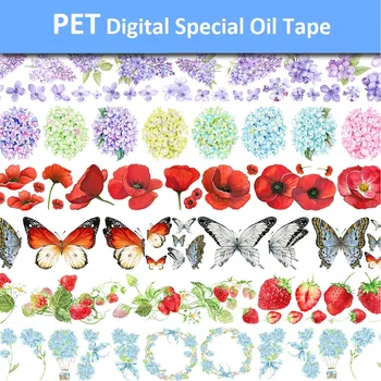 Virág & pillangó & eper PET szalag w/ filmmel digitális különleges olaj washi tape DIY scrapbooking dekoráció