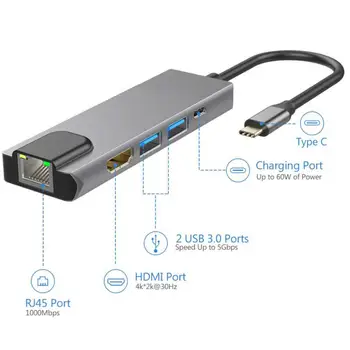 RYRA C Típusú Hub 5 Az 1-ben USB Hub Dokkolóegység Gigabit Hálózati Port Dokkoló Állomás, HDMI-kompatibilis 4K HD Tartozékok