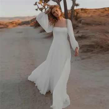 Bohém Esküvői Ruha Női 2023 Zárt Tér Nyakú Hosszú Ujjú Szatén Menyasszonyi Ruhák Egyszerű Strand Vestidos De Noiva