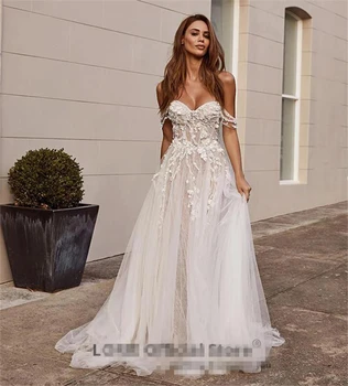 Haute Couture Fehér Menyasszony Ruha Hímzett földig érő Appliqués Söprés Vonat Le a Vállát, Esküvői Ruha