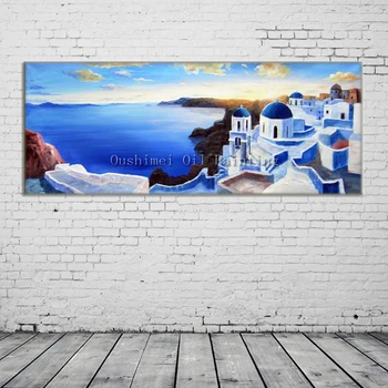 Kézzel Festett Kés Táj Olaj Festmény Modern Égei-Tengerre Kép Kézzel Készített Wall Art Kék Ház Seascape Vászon Kép