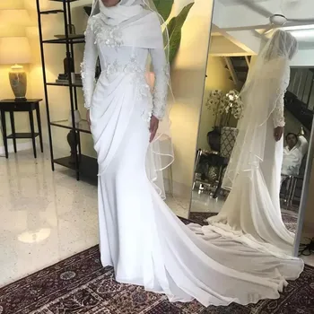 Régi Muszlim Sellő Esküvői Ruhák 2023 Magas Nyakú, Hosszú Ujjú 3D Virágos Applied arab Kaftán Anya A Menyasszony Estélyi Ruha