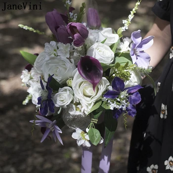 JaneVini Vintage Sötét Lila Kála Virág, Menyasszonyi Csokor, Virág, Esküvői Kiegészítők Mesterséges Fehér Rózsa Menyasszony Csokrok