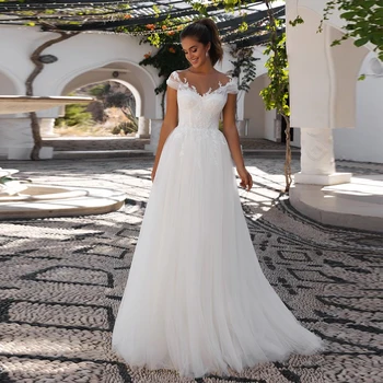Gombóc Le Vállán Egy Fehér Vonal Esküvői Ruha Női 2023 Menyasszony Csipke Appliqués Gomb Vissza Rendelésre Készült Vestidos De Novia