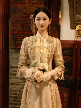 Kínai Stílus Menyasszony Cheongsam Hagyományos Flitterekkel Gyöngyfűzés Bojt Qipao Keleti Esküvői Ruha Pezsgő