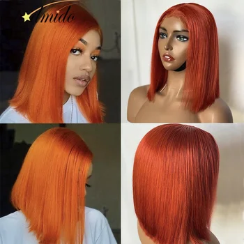 Narancs-Gyömbér 13x6x1 Csipkével, Paróka Nők 180% Sűrűség Emberi Haj Bob Paróka Glueless Rövid Haj Bob Vágott Paróka a Baba haját,