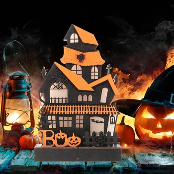 Kísértetjárta Ház Elf Dísz Fából készült Halloweeni Dísze, LED Dekoráció, Party Kellékek, Dekorációs Ház alakú Iroda