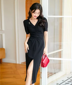 High-end francia stílus elvágta ruha 2023 nyáron új divat egyszínű derék fekete ruha 90641