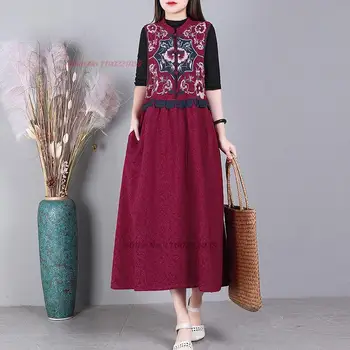 2023 hagyományos kínai hanfu pamut vászon ruha nemzeti virág hímzett nyári ruha keleti etnikai patchwork ruha népi ruha