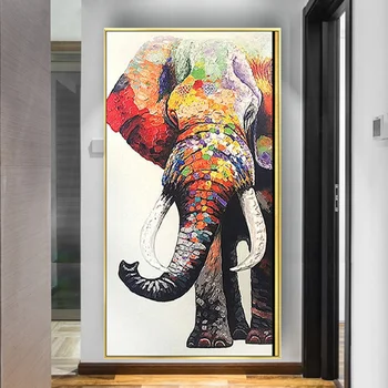 100% - Ban Kézzel Készített, Modern, Nagy Méretű Elefánt Olajfestmény, Vászon Wall Art Színes Mintás Állatos Képek Nappali Dekor