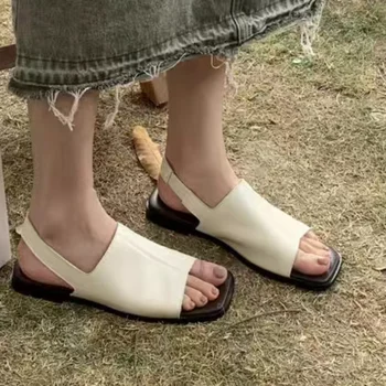 Női Cipő 2023 Nyáron Új Divat Peep Toe Lapos Női Gladiátor Szandál Szögletes Orr Csúszásmentes Strand Szilárd Cipő Zapatos Mujer