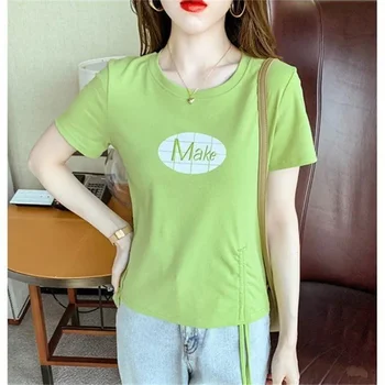 pamut zsinóros nyári póló Női rövid ujjú póló Harajuku levél nyomtatás laza zöld fehér Maximum nő tshirt