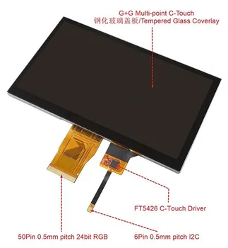 7.0 inch 50PIN 16,7 millió Szín HD TFT-LCD Kapacitív érintőképernyő FT5426 Touch IC 24 bites RGB / 6P I2C interfész 1024(RGB)*600