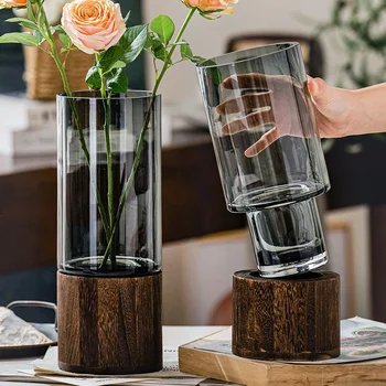 Vázák, Egyszerű Európai hidroponikus növény háztartási nappali asztal egészül ki, virág, fa alap, átlátszó üveg váza lakberendezés