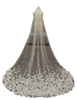 Új Menyasszony-Fátyol, Fehér Tüll Rátétes háromdimenziós 3D Virágok, Virágos Csipke Székesegyház Fejdísz Luxus Menyasszonyi A Fésű